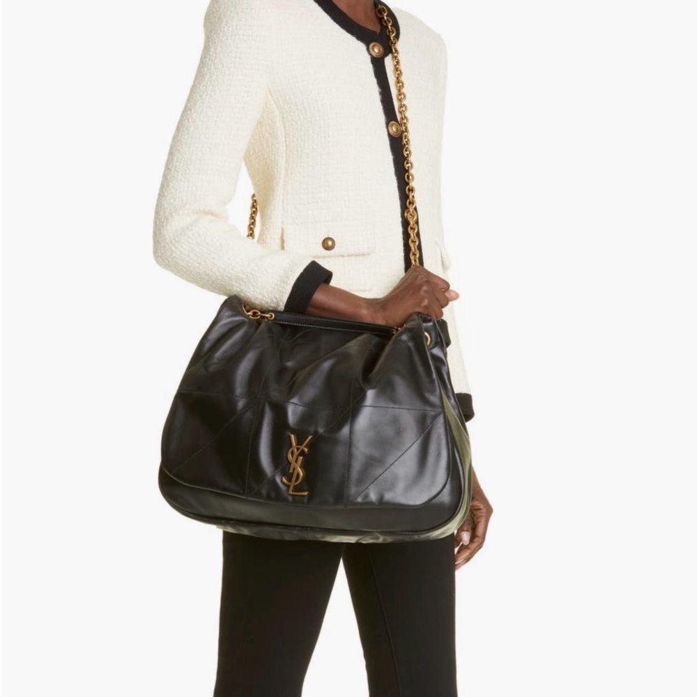 Black Leather Quilted Shoulder Bag with Gold YSL Logo